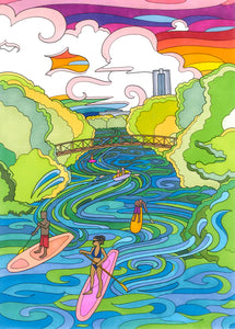 colorful-illustration-of-Lou-Neff-Point-featuring-paddleboarders-in-Austin-TX-by-Becca-Borrelli